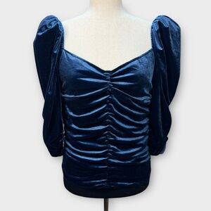 Vintage 90s Velvet Ruched Bodysuit Puff Sleeves Womens M Glam Romantic Goth Y2K